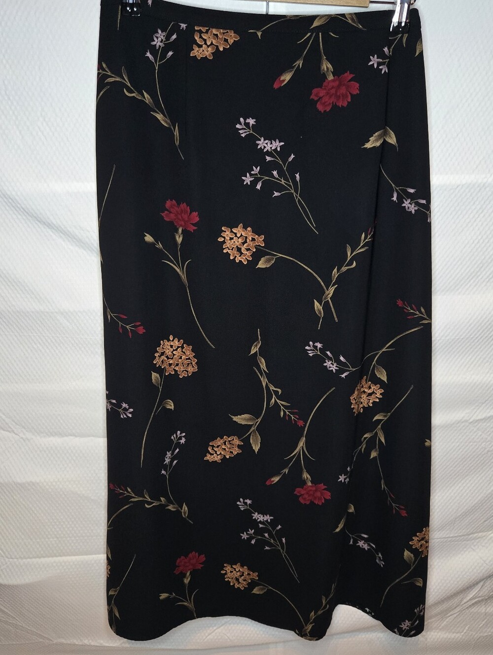 Worthington Black Floral Midi Column Skirt with Red and Gold Floral Print
